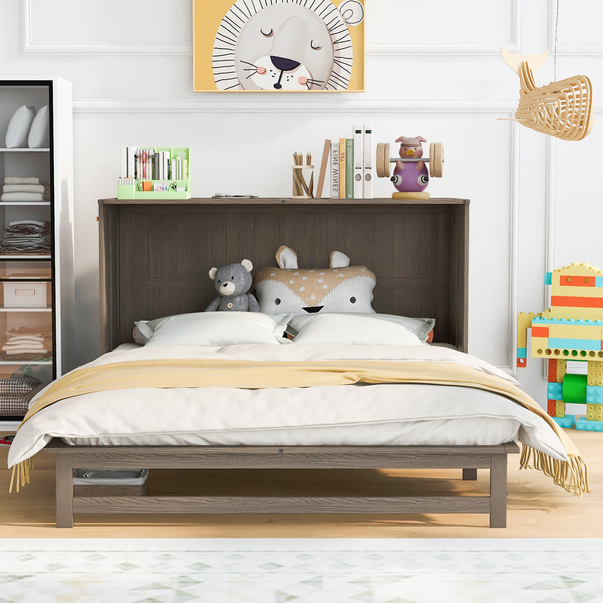 Queen Murphy Bed with Built-In Charging Station – Beige