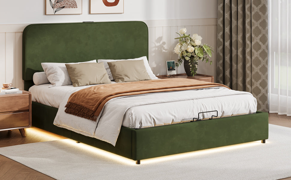 Hydraulic Storage Bed with LED Lights Green