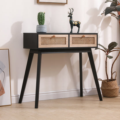 Rattan Side Table with Solid Wood Legs