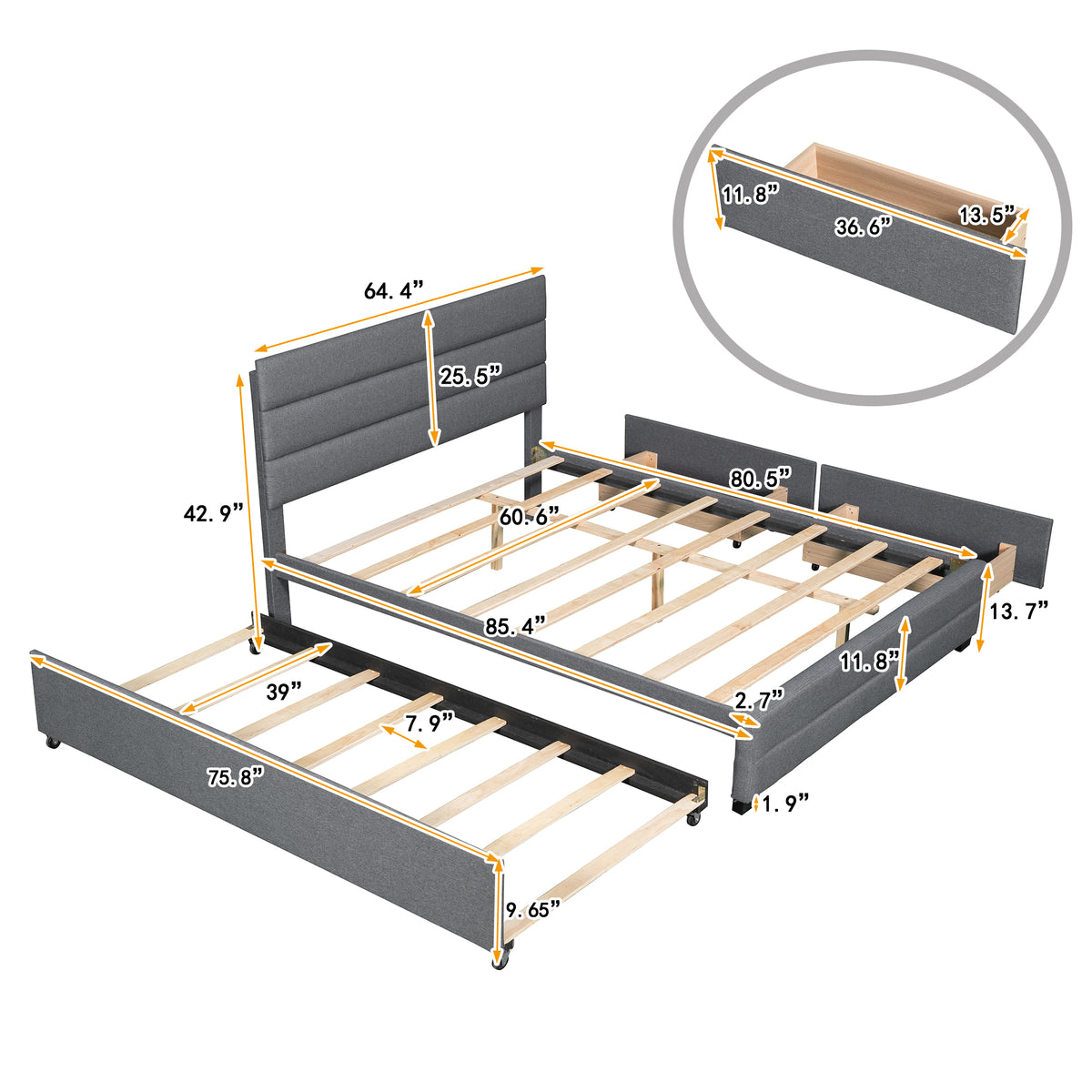 Queen Upholstered Bed with Trundle Gray