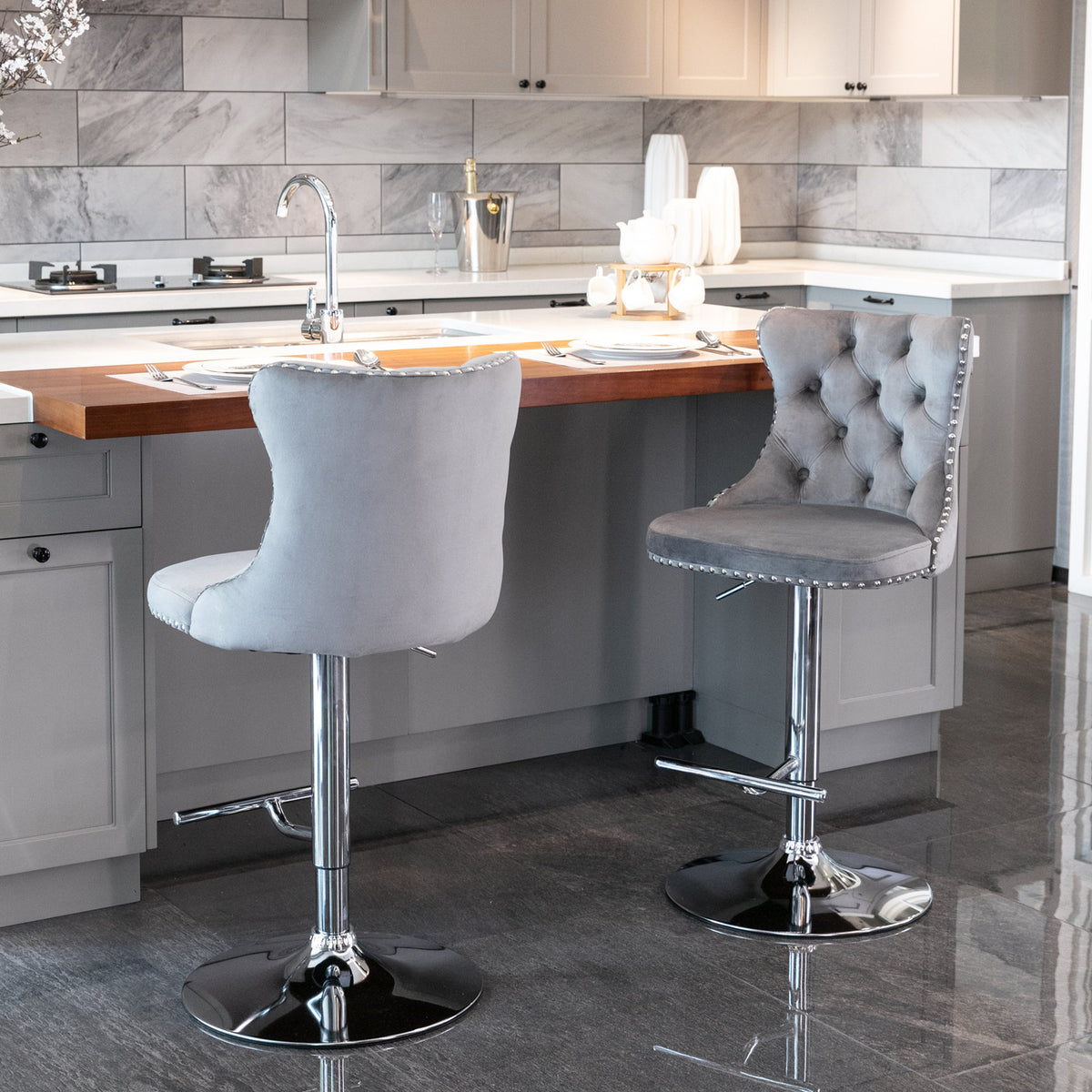 Modern Chrome Bar Stools Set of 2 Gray