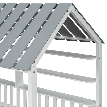 House Bed with Roof and Guardrails White