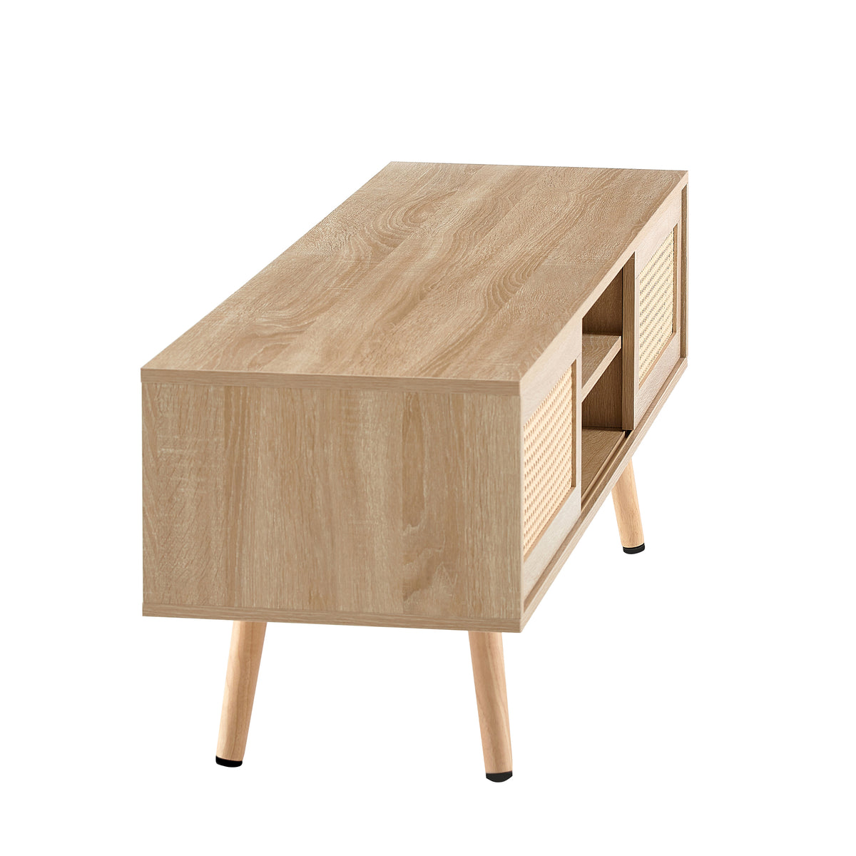 Rattan Wood TV Console – Adjustable Doors, Natural Finish