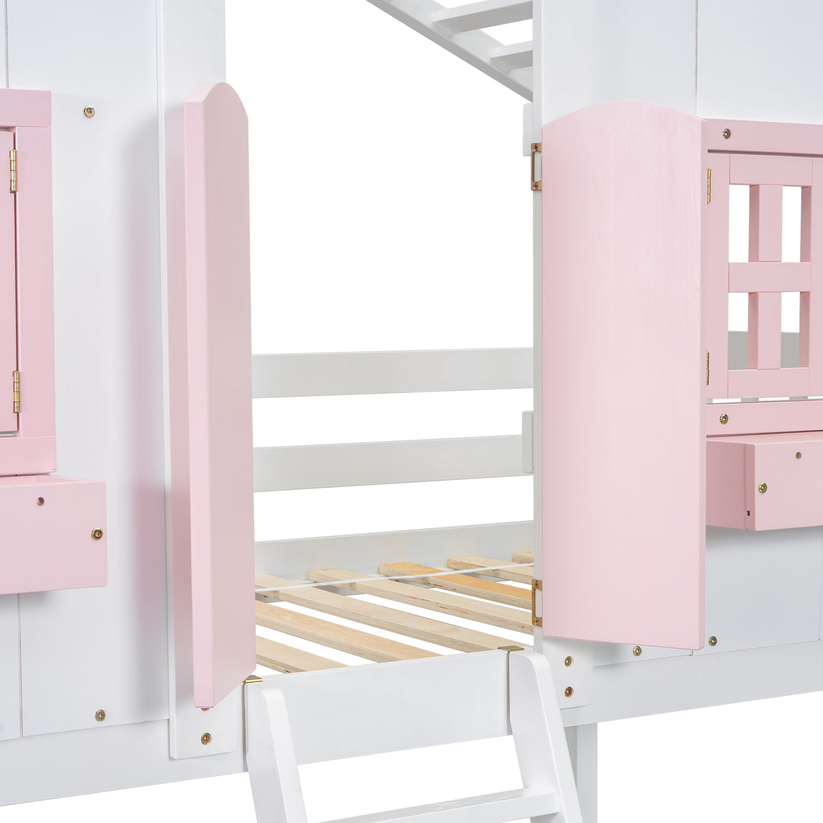 Twin House Bunk Bed with Ladder Pink White