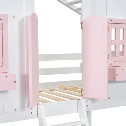 Twin House Bunk Bed with Ladder Pink White