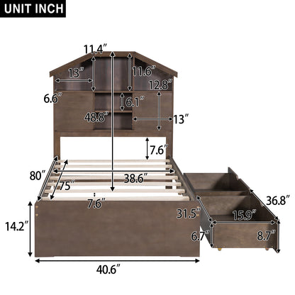 Twin Platform Bed with Storage Drawers Walnut