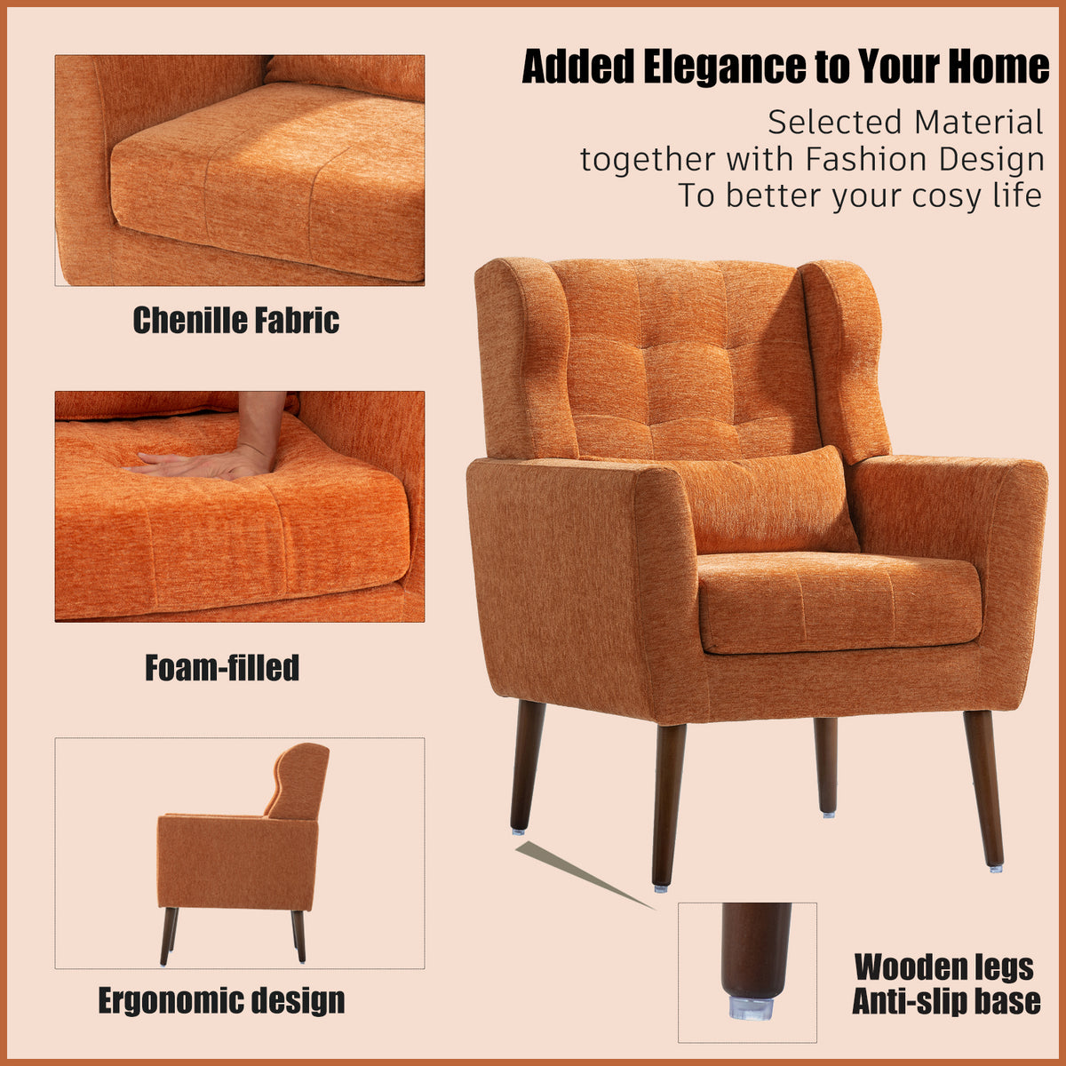 Modern Accent Chair Foam Filled Orange