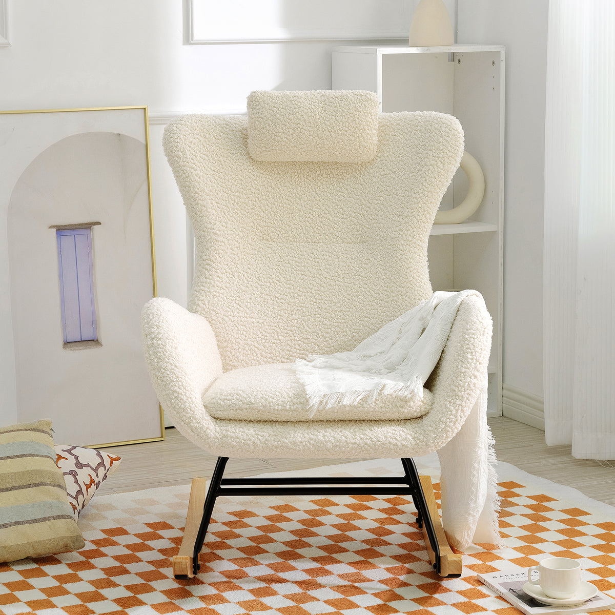 Modern Rocking Chair – Rubber Legs & Chenille Fabric