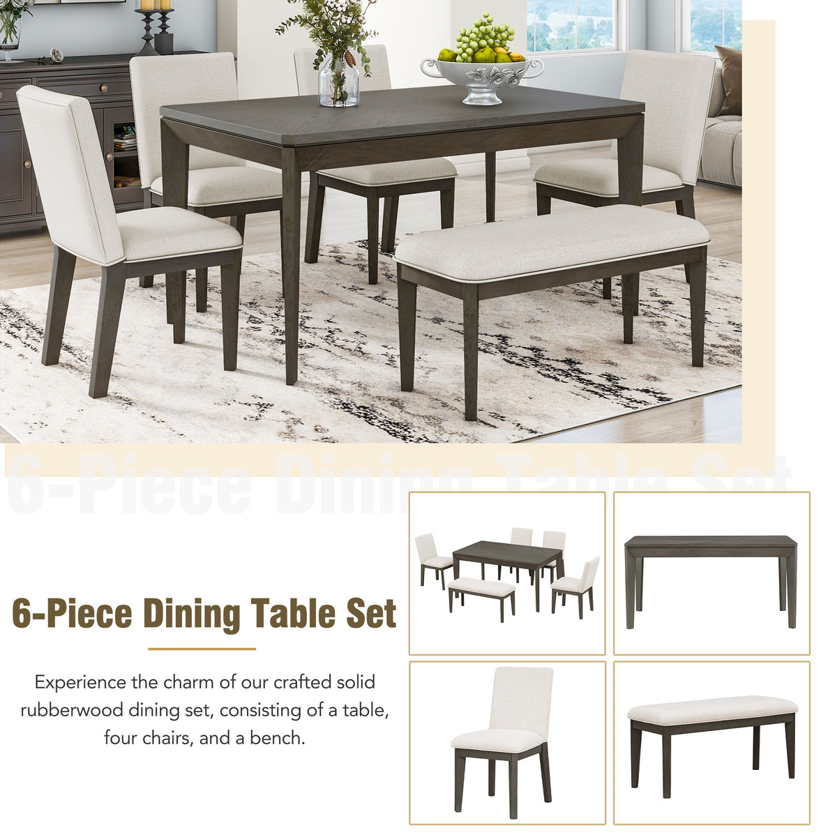 6-Piece Farmhouse Dining Set Beige Gray