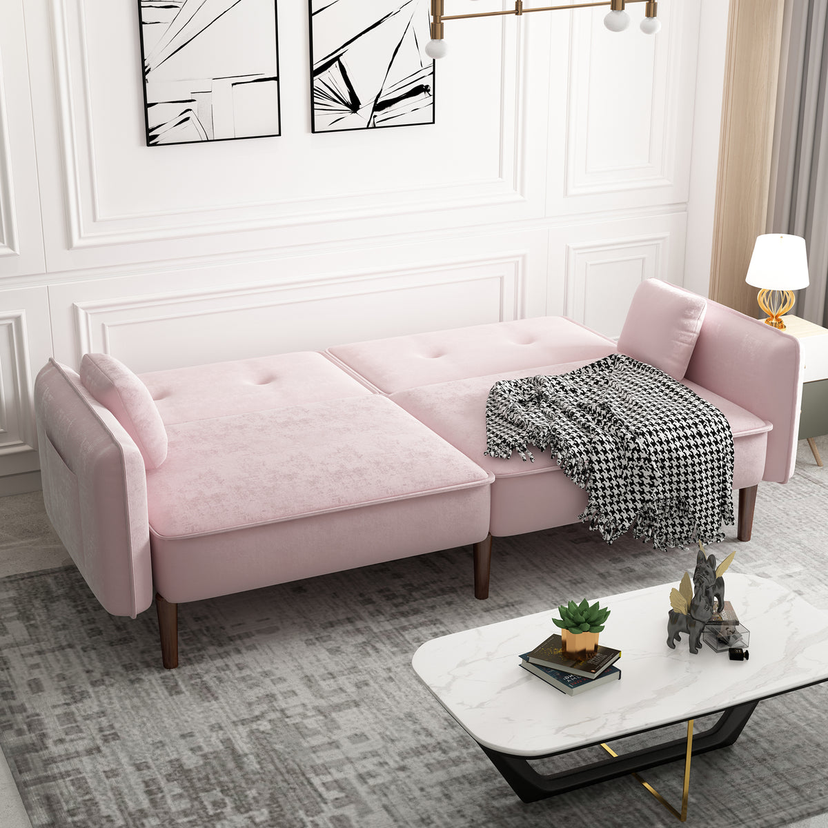 Pink Velvet Convertible Sofa Bed – Wood Legs