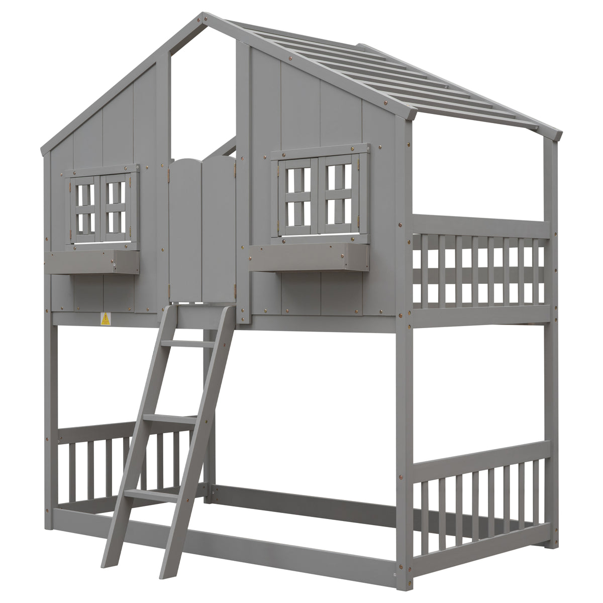Twin House Bunk Bed with Ladder Grey