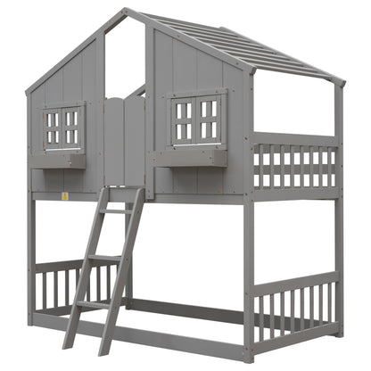 Twin House Bunk Bed with Ladder Grey