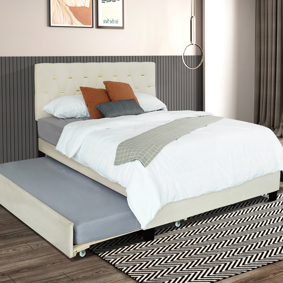 Upholstered Queen Bed with Storage Drawers Beige