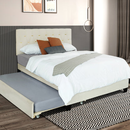 Upholstered Queen Bed with Storage Drawers Beige