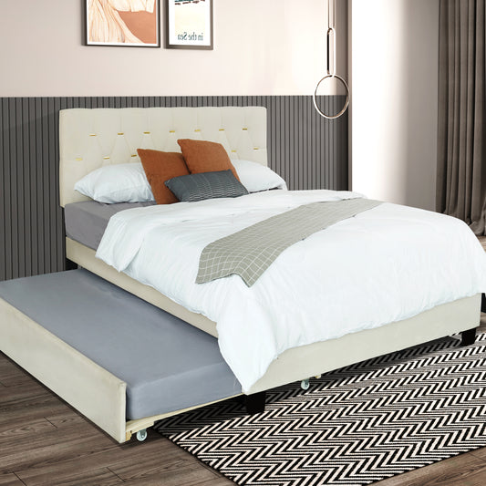 Upholstered Queen Bed with Storage Drawers Beige