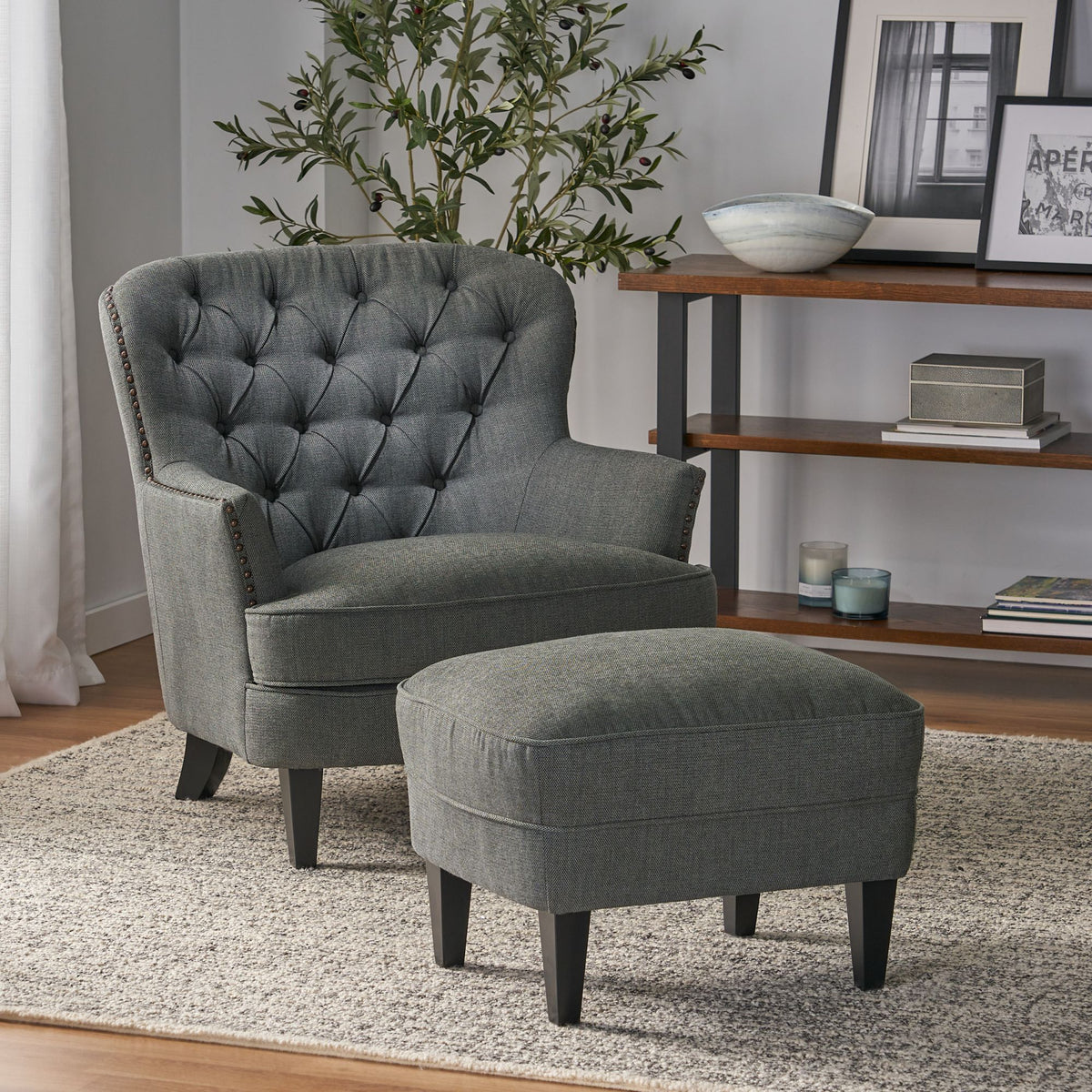 Modern Grey Fabric Club Chair with Ottoman – Upholstered Lounge Set