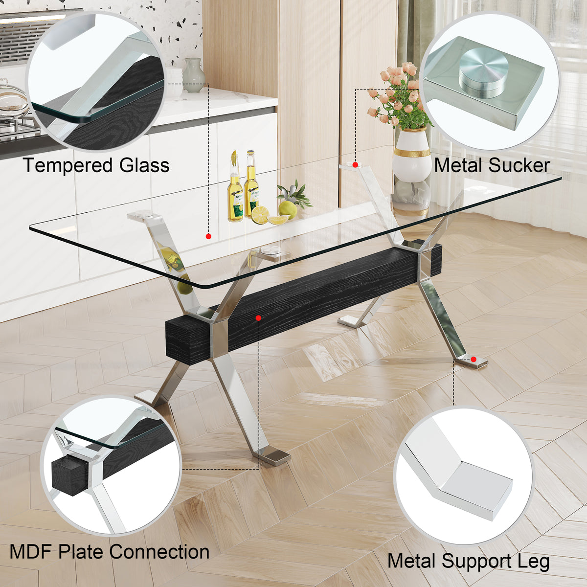 Glass Dining Table – Silver Metal Legs