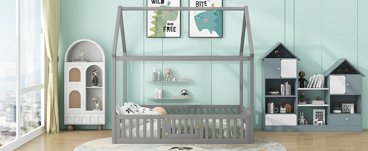 Full Wood Bed with Fence and Door Gray