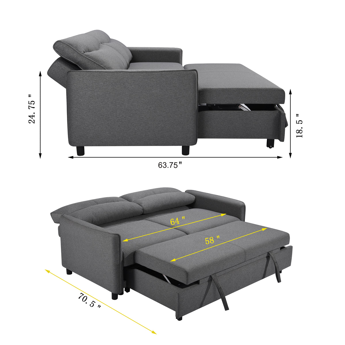 3-in-1 Sleeper Sofa Bed with Pullout Gray