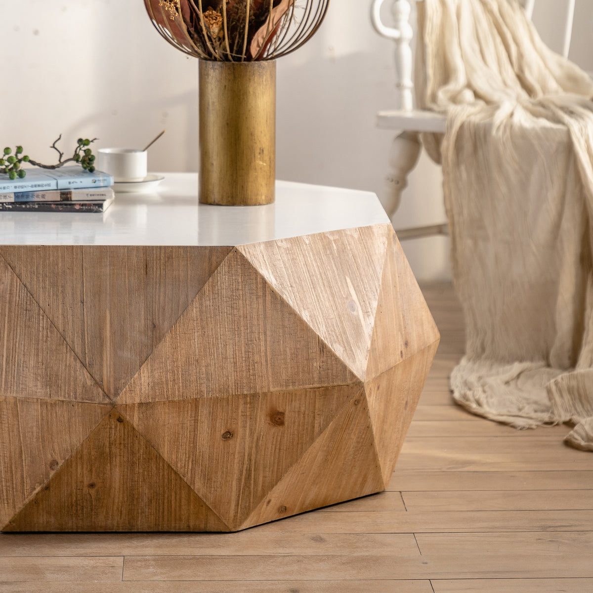 White & Oak Embossed Coffee Table – Vintage Fir Wood with 3D Relief Pattern