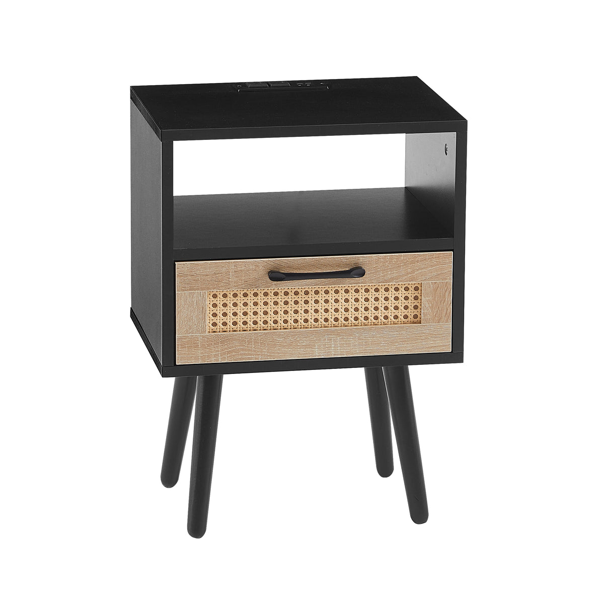 Rattan End Table with Drawer Black Legs