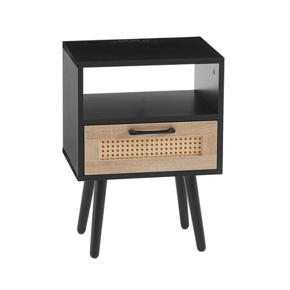 Rattan End Table with Drawer Black Legs