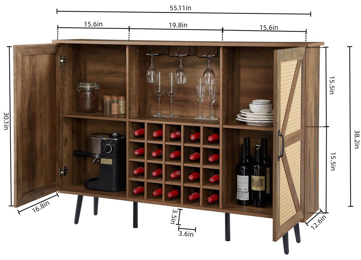 Oak Faux Rattan Wine Cabinet with Removable Shelves