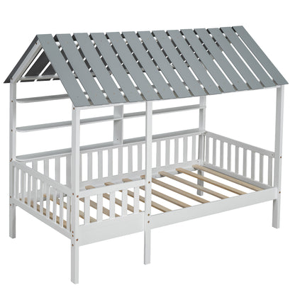 House Bed with Roof and Guardrails White