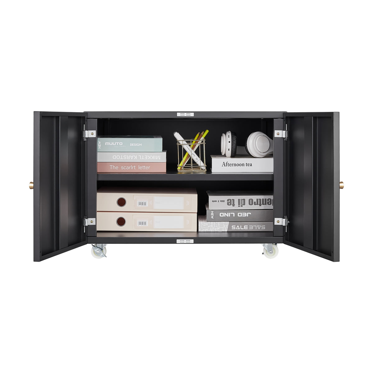 White Mobile Copier Cabinet – 2-Door Steel File & Printer Stand with Locking Wheels