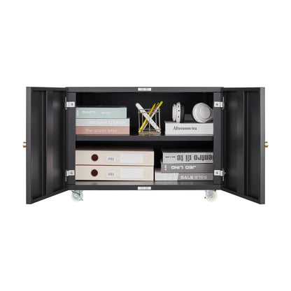 White Mobile Copier Cabinet – 2-Door Steel File & Printer Stand with Locking Wheels