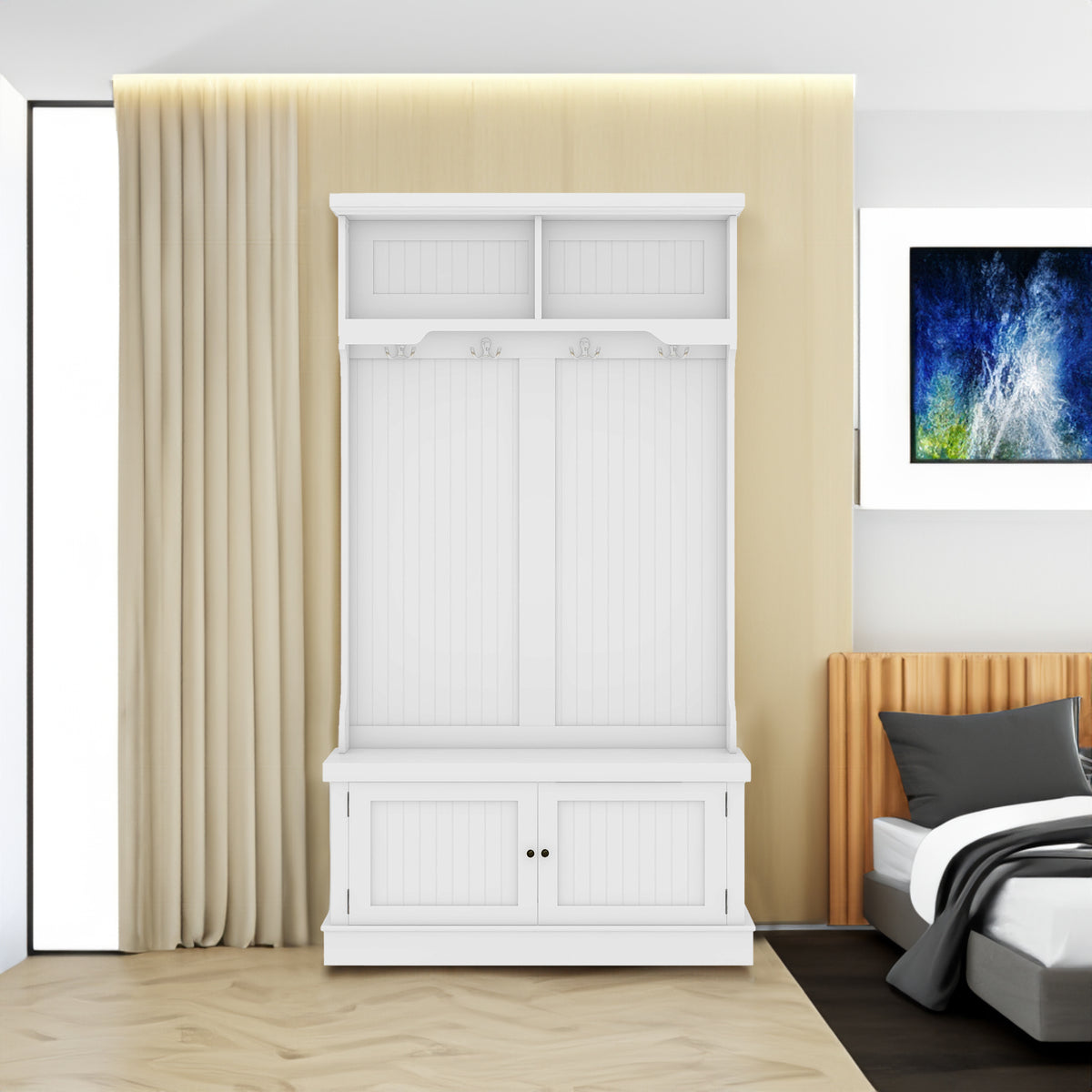 Hall Tree with Hooks and Shoe Storage Bench White