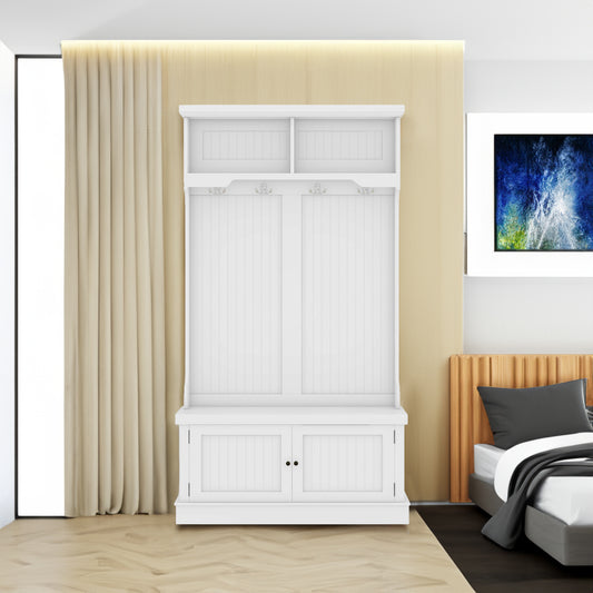 Hall Tree with Hooks and Shoe Storage Bench White