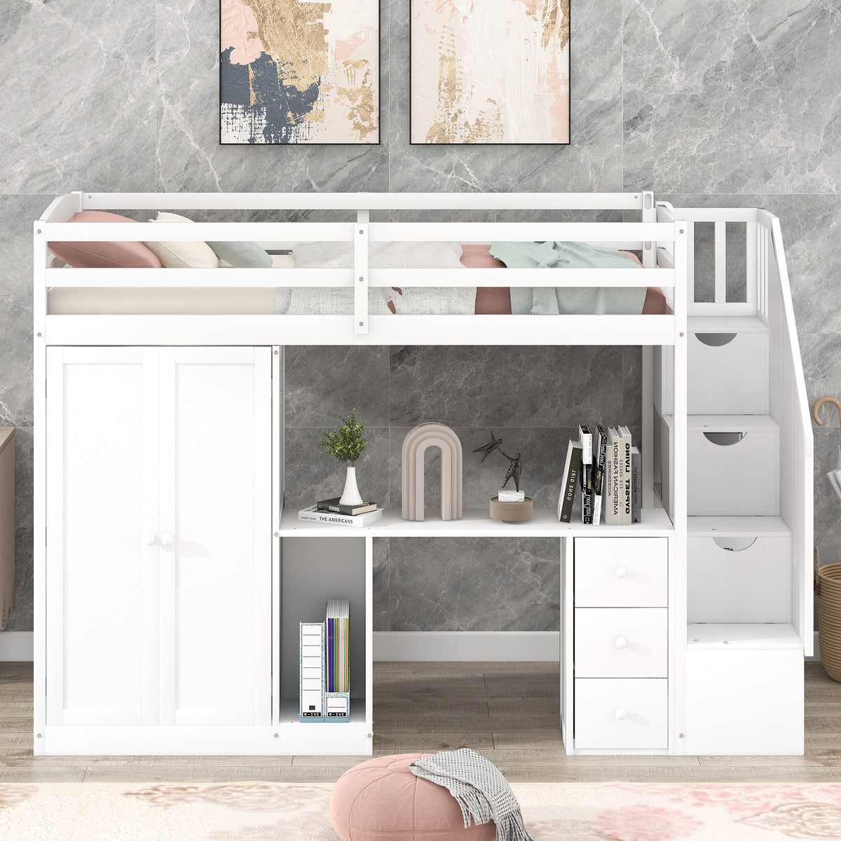 Loft Bed with Wardrobe and Storage Drawers White