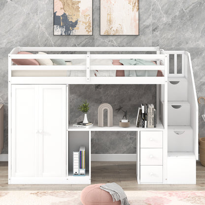 Loft Bed with Wardrobe and Storage Drawers White