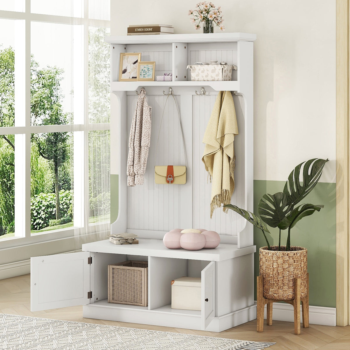Hall Tree with Hooks and Shoe Storage Bench White