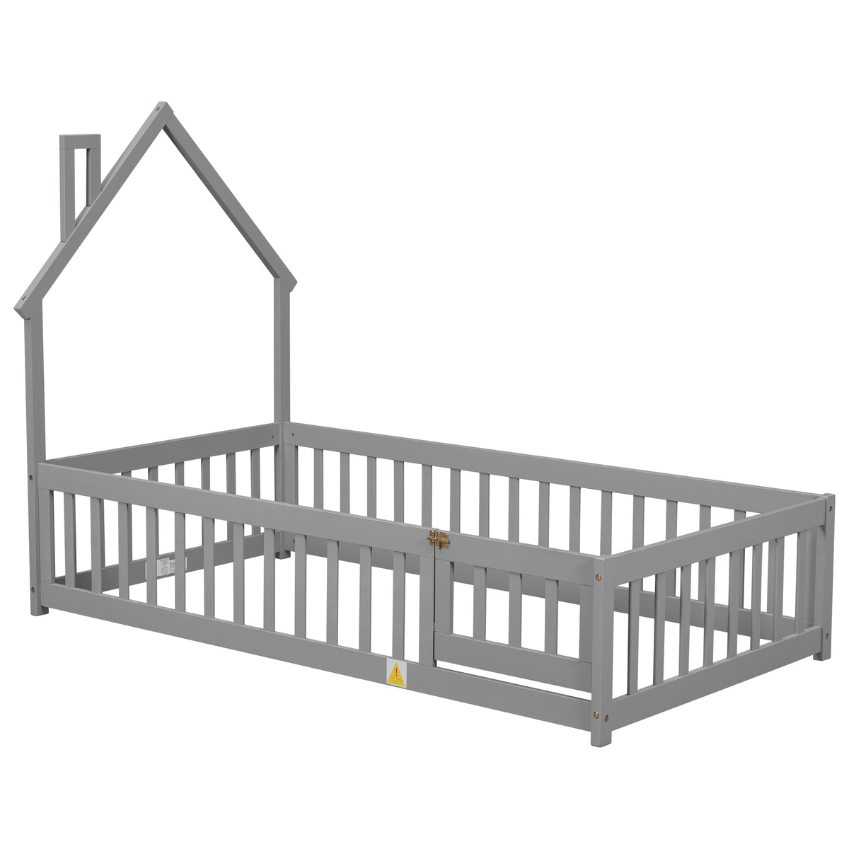 Twin House Bed with Fence Gray