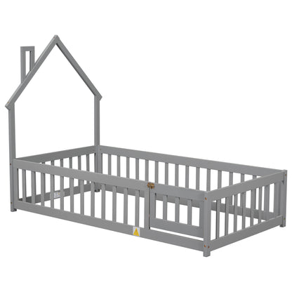 Twin House Bed with Fence Gray
