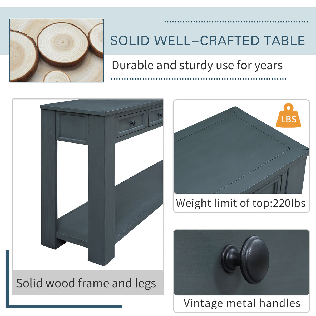 Console Table with Storage Drawers Navy