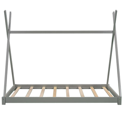 Twin Size Gray House Platform Bed with Triangle Roof