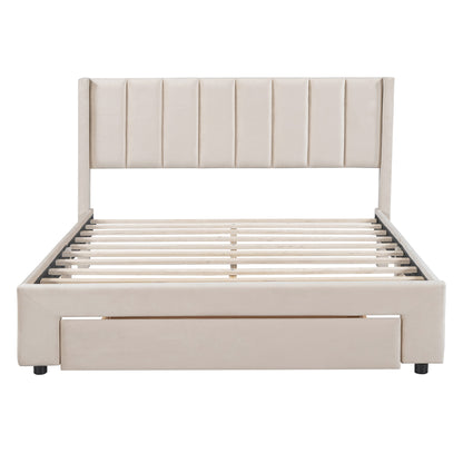 Queen Velvet Storage Bed Beige