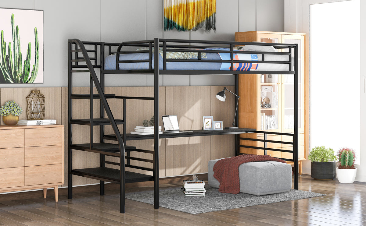 Metal Loft Bed with Desk Gray