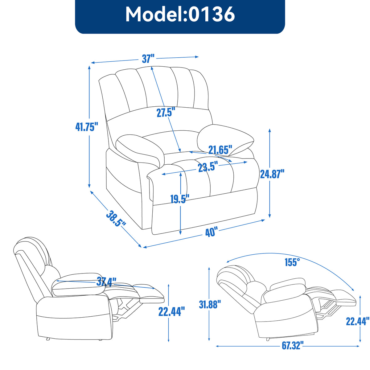 Large Manual Fabric Recliner – Gray