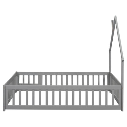 House Frame Bed with Fence Gray