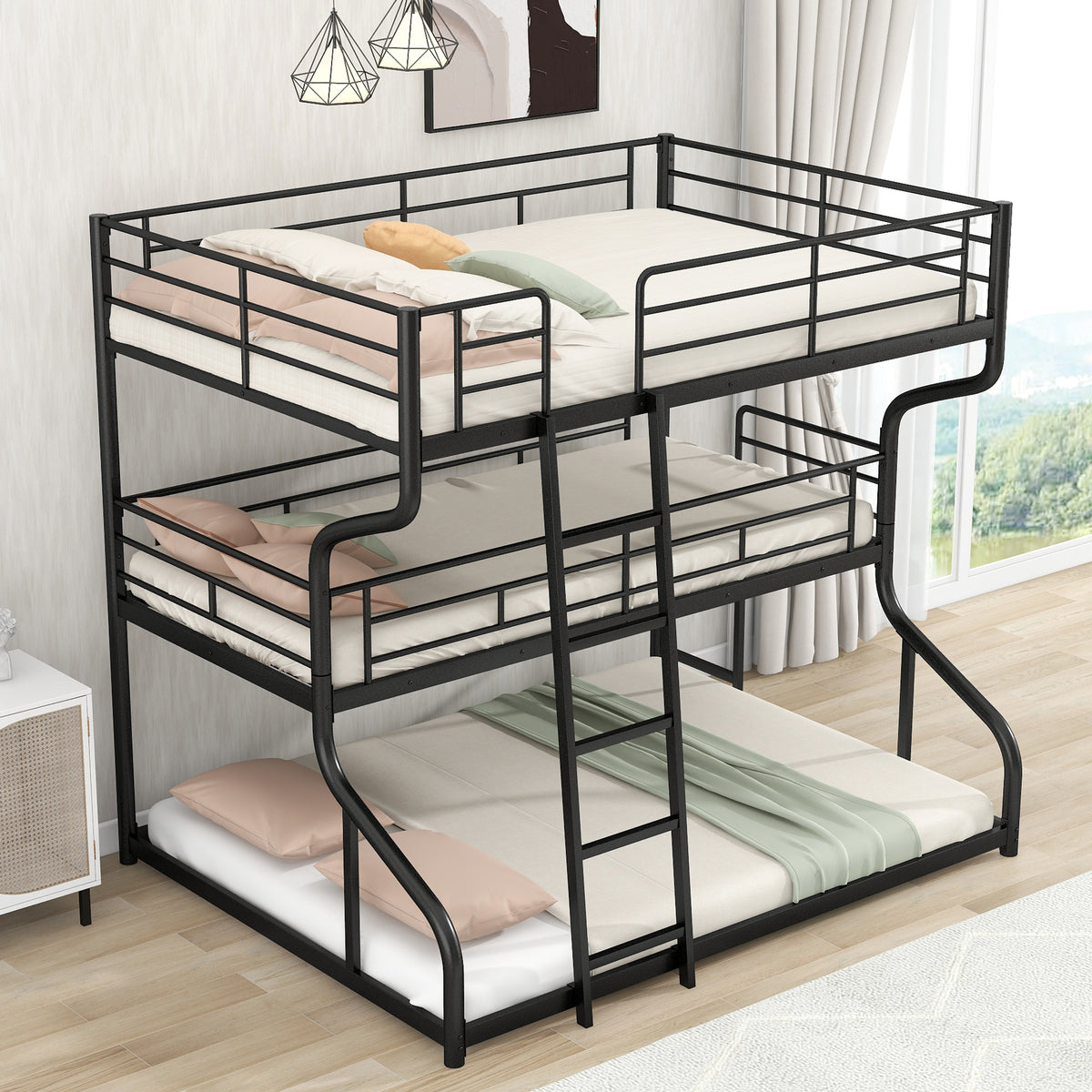 Black Triple Bunk Bed – 3-Tier Space-Saving Metal Frame for Kids & Teens