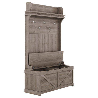 Oak Hall Tree with Hooks, Shelves, and Storage Bench