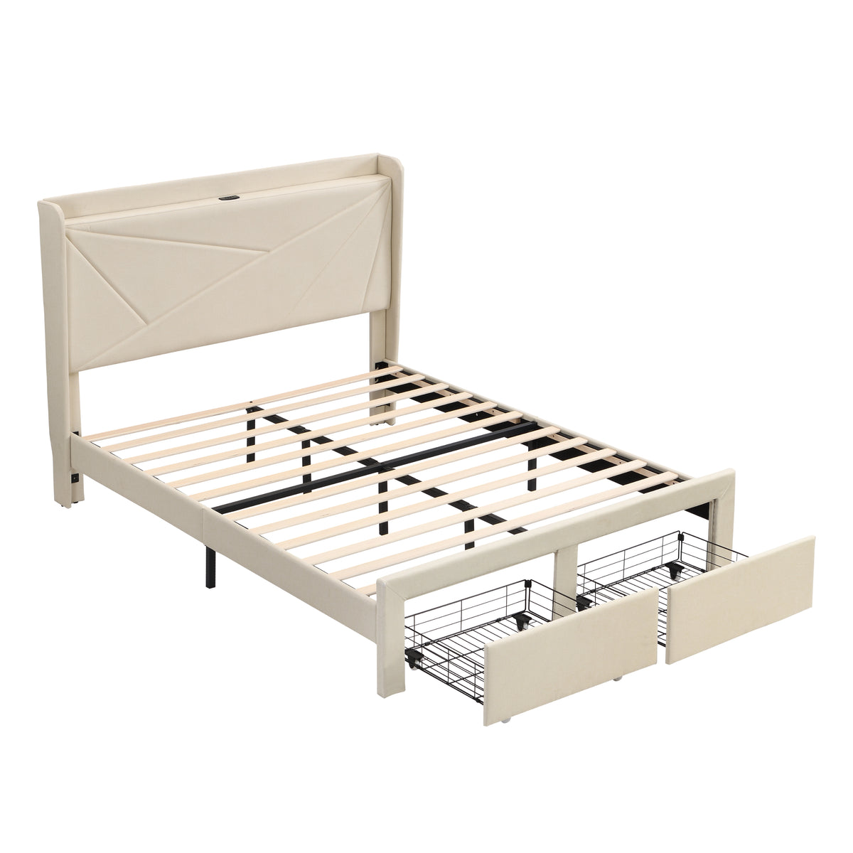 Full Size Upholstered Bed with Drawers – Beige