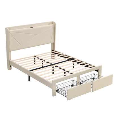 Full Size Upholstered Bed with Drawers – Beige