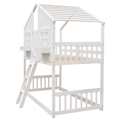 Twin House Bunk Bed with Ladder White