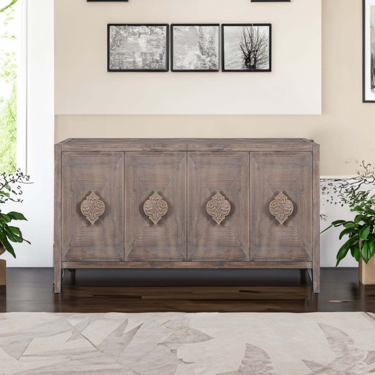Four-Door Accent Cabinet with Carved Design Brown