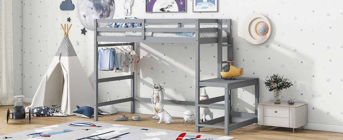 Twin Loft Bed with Ladder Gray
